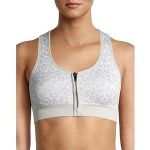 Avia Women's Seamless Zip Front Moderate Support Sports Bra Gray Cheetah Print